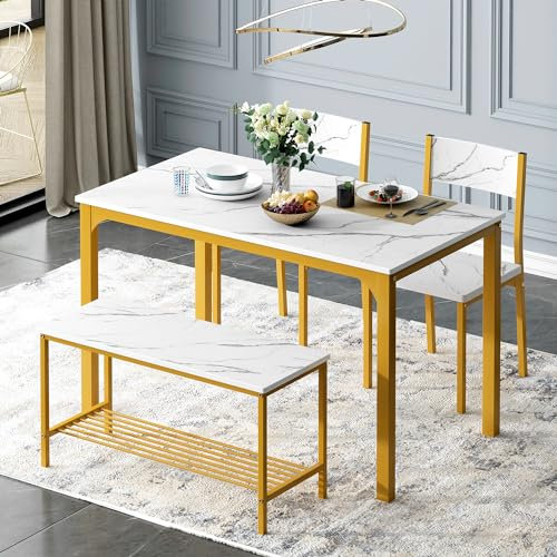 soges 4 Personen Esstisch mit 2 Stühlen Essgruppen 110cm Küchentisch-Set für 4 Personen, 2 Stühle mit Rückenlehne, 2-Personen-Bank mit Aufbewahrungsregal, Nesting-Möbel für Esszimmer, Gold (Farbe)