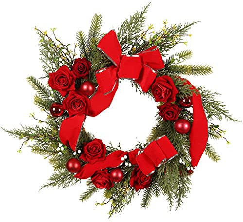 SGKOMN 40 cm Weihnachtskranz Weihnachtskranz für die Haustür Wandschmuck Kranz mit Schleife und roter Rose Neujahrsdeko Weihnachtskranz für Kamine batteriebetrieben