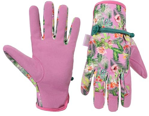 HANDLANDY Women Gardening Gloves, Leather Safety Work Gloves Breathable Ladies Garden Yard Gloves, Best Gift for Gardeners (Pink-Floral Print, L)