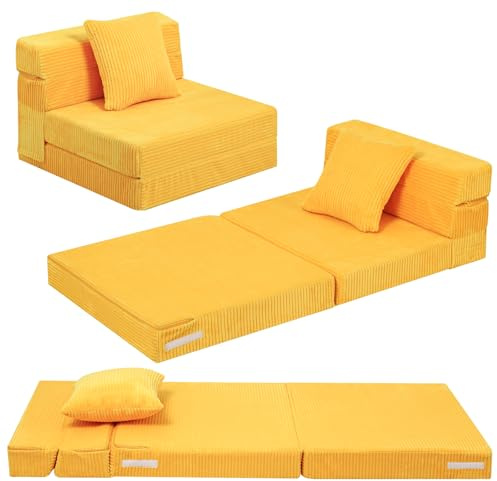 MeMoreCool Cord Kinder-Klappsofa mit Glow, Flip-Sofa Z-Bett, Gelb | Ausklappbares Kindersofa aus Cord, vielseitig als Flip-Sofa, Z-Bett oder Bodenbett für das Spielzimmer nutzbar