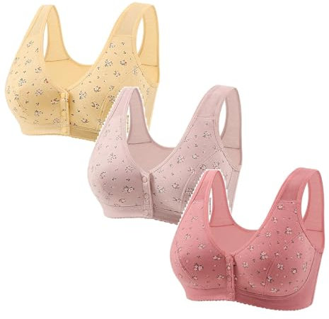 3 Pack Front Fastening Bras for Women UK Daisy Print Wireless Push Up Bra Full Coverage Front Closure Sports Bras Women Soft Comfort Underwear Wide Shoulder Straps Ladies Bras