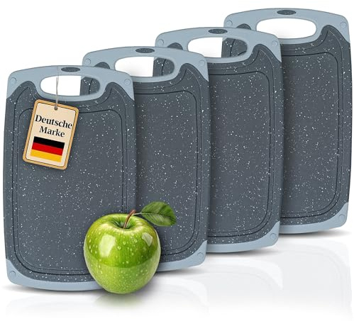 KPYTO 4 große Frühstücksbrettchen aus Kunststoff, 32x20 cm, Schneidebrett Set,spülmaschinenfest, beidseitig, rutschfest mit Saftrille