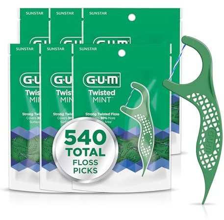 GUM Filo interdentale ritorto, filo interdentale, filo interdentale, manico facile da impugnare, 90 pezzi (confezione da 6)
