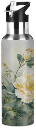 Woltant Peinture à l'huile Fleurs Bouteille d'eau isotherme en acier inoxydable 600 ml Bouteille d'eau de sport avec paille anti-fuite pour le travail, les voyages, la salle de sport