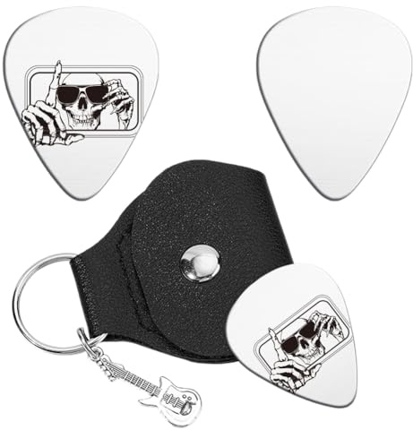 UNICRAFTALE Totenkopf Rückspiegel Gitarrenplektren Geschenk Schlüsselanhänger Gitarrenplektrum Edelstahl Blitzschutz Pickup Und PU Lederetui Plektrum Gitarren Set Für Gitarrenspieler Zum Geburtstag