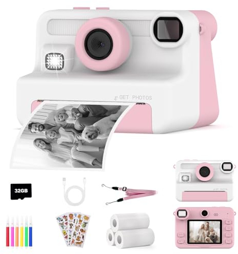 AMZSA Sofortbildkamera Kinder, 1080P HD Kinderkamera Sofortdruck mit 32GB Karte, Digitalkamera Spielzeug Geburtstag und Weihnachten Geschenke für Jungen/Mädchen 3 4 5 6 7 8 9 10 11 12 Jahren (Rosa)