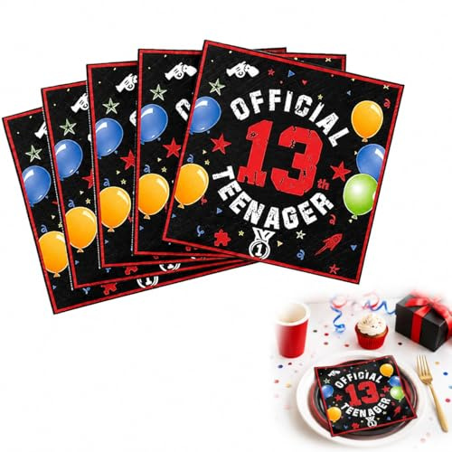 Servietten 13 Geburtstag Junge Mädchen 40 Stück – 33x33cm Schwarz Rot – Papierservietten Party Deko Kinder Teenager Geburtstagsfeier Tischdeko Einweggeschirr Festzubehör