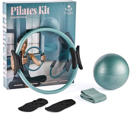Myga Pilates Ring Set - 4 Stück Pilates Kit mit Magic Circle, Anti-Burst-Ball, Stoff Widerstandsband & Anti-Rutsch Grip Socken - Leicht & Langlebig für Krafttraining, Toning & Flexibilität (Blaugrün)