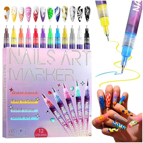 12 Colors Nail Art Pens Set,0.5MM Nail Art Pen,3D Nail Polish Pens | for Painting,Nail Art Drawing Tool,Quick Dry Graffiti Dotting Point Liner Pens for Nails Art Design,DIY Decoration,Home Salon