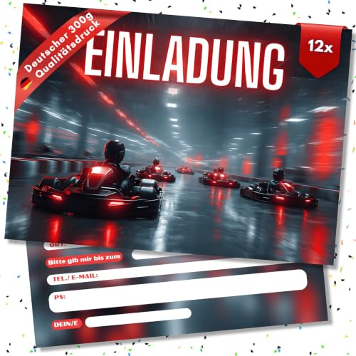 HIDEBLOOM Kart Einladungskarten Kindergeburtstag Jungen und Mädchen- 12 Stück - DIN A6 (10,5 cm x 14,8 cm) - Geburtstagseinladungen Einladungskarten Geburtstag - Auto Rennwagen Gokart