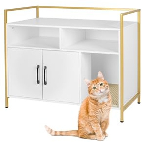 Relaxdays Katzenschrank für Katzentoilette, mit Katzenklomatte, Eingang, Stauraum, HBT 74x90x45cm, Katzenhaus, weiß/Gold