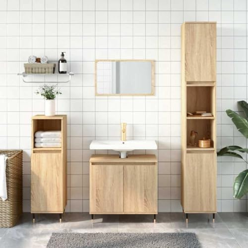 Runheo Badskåp Sonoma-ek 58 x 33 x 60 cm, trämaterial, Pedestal Handfat med gott om förvaringsutrymme, perfekt för badrum, under handfatsskåp med robusta järnfötter