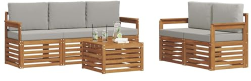 vidaXL Sofagarnituren 6 pcs Natürlich und Hellgrau Massivholz Akazie, Moderne Gartenmöbel, strapazierfähiges Outdoor-Sofa, Lounge-Set für die Terrasse, bequemes Sitzen draußen