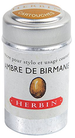 Jacques Herbin - Ref 20141T_paq - Universal Writing Snap-In Ink Cartridges - Ambre de Birmanie / Amber of Burma - Cylindrical Metal Pot of 6 Cartridges - Orange-Coloured Ink