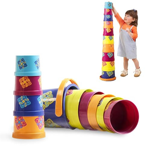 B. toys – Stacking Buckets – 10 Pieces – Sort & Stack Colorful Nesting Cups – Bath & Backyard – Stackable Learning Toy – Toddler, Kids – Bazillion Buckets – 18+ Months