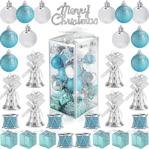 LoveInUSA 32 Stück gemischte Christbaumkugeln Anhänger Weihnachtsbaum Ornamente Dekorationen Set, Plastik, blau/Silber