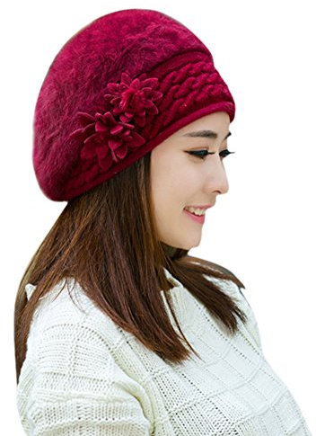 Petalum Damen Barette Baskenmütze Blumen Beanie Winter warm Strick Hüte Kopfbedeckung Onesize Weinrot