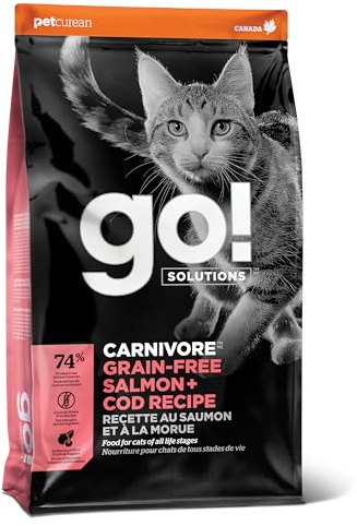 Go! Solutions Carnivore Salmon + Cod Grain-Free Dry Cat Food, Our Highest-Protein Kibble Made with Real Meat & Fish, Chicken-Free Recipe, for Kittens, Adults & Seniors, 3 lb Bag