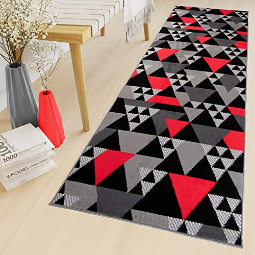 TAPISO Maya Teppich Läufer Meterware Kurzflor Flur Küche Brücke Wohnzimmer Modern Grau Rot Schwarz Geometrisch Dreieck ÖKOTEX 70 x 200 cm