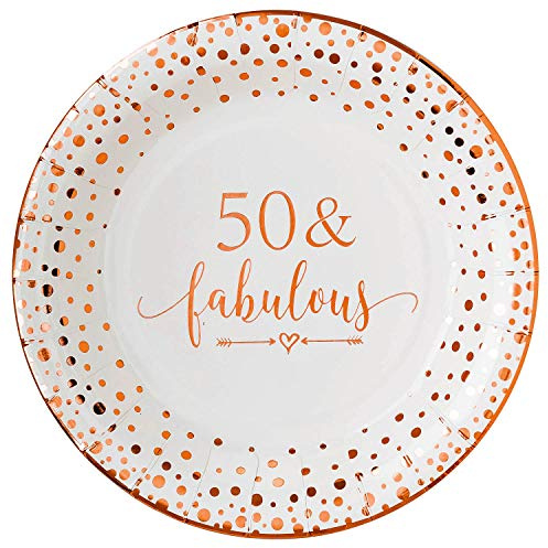 Crisky 50 Fabulous Disposable Plates for Women 50th Birthday Decorations Rose Gold Dessert, Buffet, Cake, Lunch, Dinner Disposable Plates 50th Birthday Party Table Supples, 50 Count, 9 inches