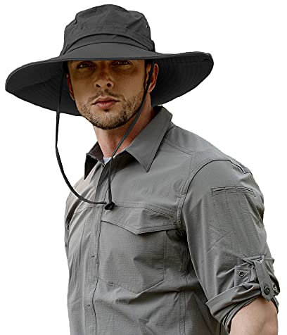ZLYC Unisex Breite Krempe Sonnenhut UV Schutz Safari Hut Boonie Hut Atmungsaktiv Sommerhut Fischerhut (Plain Schwarz),Einheitsgröße