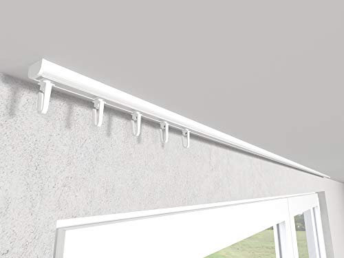 Market-Alley Vorhangschiene Aluminium Weiß/Schwarz Gardinenschiene ; B 1-läufig ; 120cm-600cm. Für Kräuselband Gardinen oder Schiebevorhang (Weiß Gardinenschiene mit Faltenlegehaken ; 240cm)