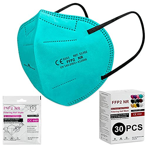 Milarosa Mascarillas FFP2 Homologadas Españolas. Mascarilla FFP2 Colores. Caja 30 Unidades. Desechable Proteccion Personal 5 Capas. Mascara Filtro 95%. Color Turquesa