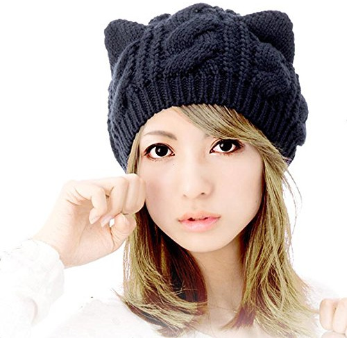 COSDREAMER Damen Winter Warme Strickmütze Katze Ohr Mütze Beanie Mütze Strickmütze Häkelmütze Weiche Warme Doppelohrmütze, Schwarz, L