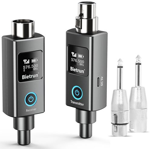 Bietrun Wireless XLR Transmitter Receiver, Wired to Wireless Mic XLR Adapter, UHF 230ft Range, 30 Channels, Receiver with Bluetooth, XLR to 1/4'' Adapter, for Dynamic/Condenser Mics, Audio Interface