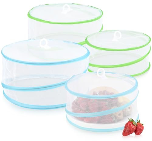 com-four® 4x Fliegen Abdeckhauben Pop-Up - Abdeckhauben für Lebensmittel - faltbare Speiseschirme in zwei Größen - Insektenschutz - Netzhaube für Obst und Kuchen (4 Stück - weiß/blau/grün)