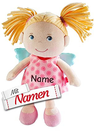 Schutzengel Puppe zur Taufe mit Namen personalisiert Bestickt, HABA Taufgeschenk Engel Stoffpuppe/Kuscheltier, Engelchen zur Geburt Glücksbringer (Finja)
