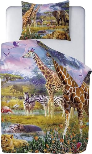 Ulticool – Bettbezug – Bettwäsche Safari Tiere Natur Giraffe Elefant – 140 x 200 cm – Kissenbezug 60 x 70 cm – für Bettdecke 1 Person Zimmer – Farbe Grün Beige