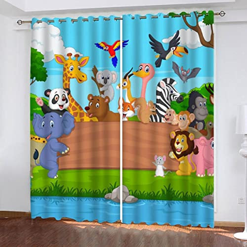 NUYSP Urwald Vorhang Blickdicht B 110 X H 95 cm Polyester Vorhänge mit Ösen Gardinen 3D Wilde Tiere Der Karikatur Verdunkelungsvorhang für Kinderzimmer Schlafzimmer