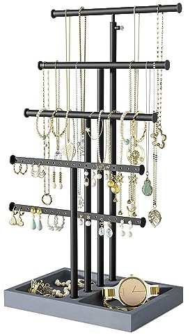 Love-KANKEI Jewelry Organizer Stand, 5 Tier Large Necklace Holder with Wood Base, Jewelry holder stand Tree for Display, Bracelets Earrings Rings, Height Adjustable Gift Weathered Grey