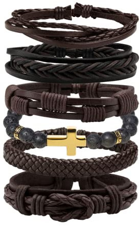 MILAKOO 6 Stk geflochten lederarmband herren Lavastein kreuzarmband manschettenarmband braun