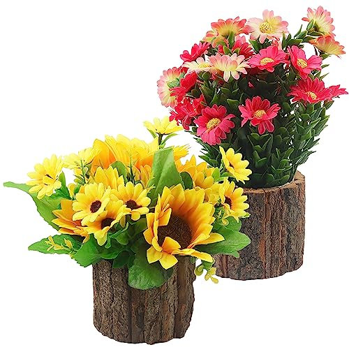 HAKZEON 2 PCS Artificial Flowers in Pots, Faux Plant in Wooden Pot, Decorative Artificial Daisy and Artificial Sunflowers for Indoor Home Decor