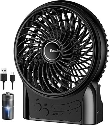 EasyAcc Battery Fan, Rechargeable Desk Fan Portable Handheld Personal Mini USB fan Battery, 3 Speeds Internal and Side Light,Cooling for Traveling,Fishing,Camping - Dark Black