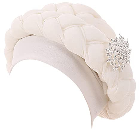 IQYU Skimütze Barette Schwarz Mode Frauen Perlen Zopf Hut Muslim Rüschen Wrap Cap Schlaf Caps Satin Gefüttert Haar Hauben Baskenmütze Damen Kaschmir Mützen Kinder (White, One Size)