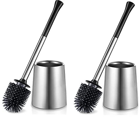 HAMITOR Toilet Bowl Brush Holder Set: Silicone Stainless Steel Deep Cleaning Toilet Cleaner Brush for Bathroom Restroom - Compact Modern Rv Toilet Scrubber Accessories with Caddy
