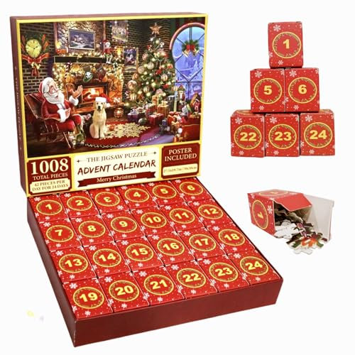 Adventskalender 2024 Weihnachts Jigsaw Puzzle 1008 Teile, Tootesa 24-Boxen Weihnachtsmann Countdown Kalender Puzzles für Erwachsene, lustige Weihnachts Puzzles für Weihnachts Dekor Geschenke (Rot)