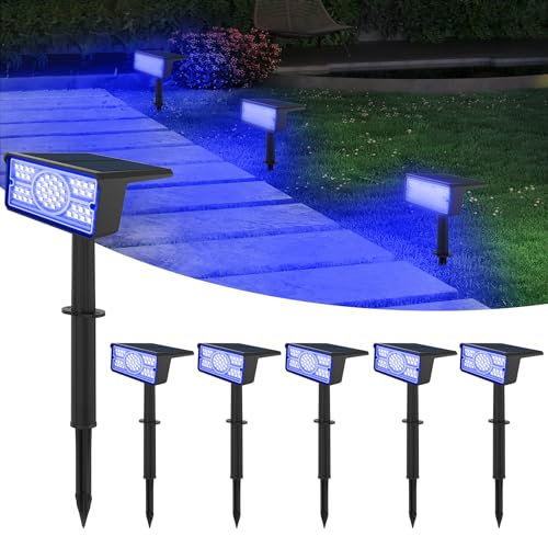 T-SUN Foco Solar Exterior 6 Piezas Azul Luces Solares Exterior Jardin 49LED Lámparas Solares Impermeable IP65 Luz de Solar para Patio, Caminos, Suelo, Piscina, Céspe