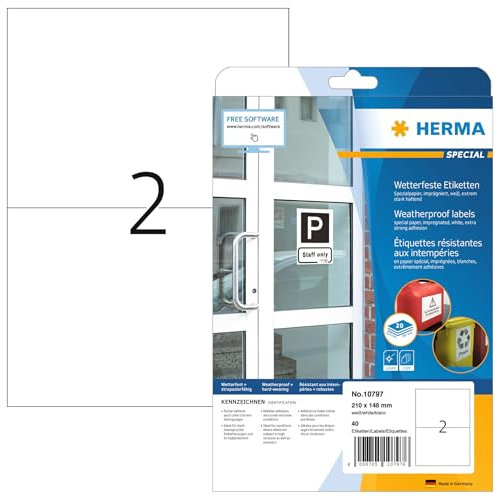 HERMA 10797 Wetterfeste Etiketten imprägniert, 20 Blatt, 210 x 148 mm, 2 pro A4 Bogen, 40 Stück, selbstklebend, bedruckbar, matt, blanko Outdoor Klebeetiketten aus Spezialpapier, weiß