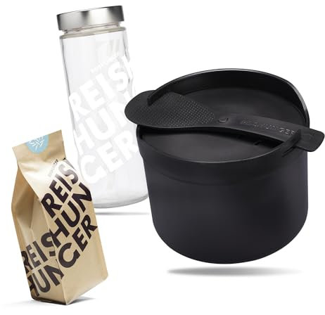 REISHUNGER Starter Set Mikrowellen Reiskocher (1,7 l) - schwarz - Für perfekt gegarten Reis in nur 12 Minuten - Spülmaschinengeeignet inkl. 3 Sorten Reis & Reisglas