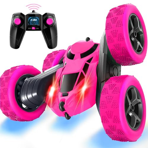 Ferngesteuertes Auto, 90 Min Spielzeit, 2.4Ghz Doppelseitig 360° drehbare RC Stunt Crawler mit Scheinwerfern, 4WD Off Road Drift RC Auto Spielzeug Geschenke für Jungen 6-12 Rosa