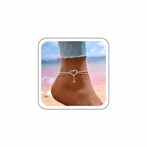 Wendalern Bracelet De Cheville En Argent Avec Coeur Diamant Strass Coeur D'amour Bracelet De Cheville Chaîne De Perles Tennis Plage Chaîne De Cristal Bracelet De Cheville Bijoux De Pied Pour Femmes
