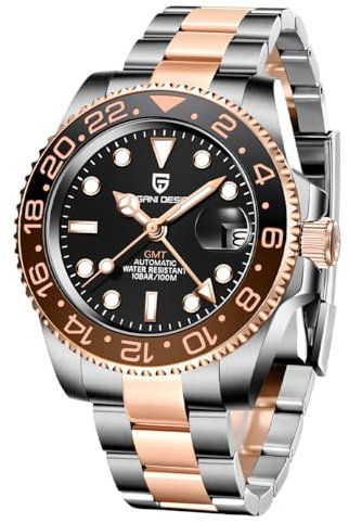 Pagani Design Men's GMT Automatic Mechanical Watch 100m/bar Waterproof Ceramic Bezel Sapphire Glass Luminous Hands Watch (Rose Gold Black)
