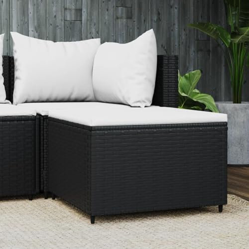 Homgoday Gartenhocker mit Kissen Sitzhocker Fußhocker Rattanhocker Balkon Sitzhocker Gartenmöbel für Balkon Terrasse Schwarz und Weiß Poly Rattan