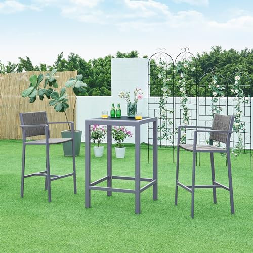 casa.pro Gartenbarset Avise 3-TLG. Balkonmöbel Outdoor Bartisch mit Barstuhl Set Aluminium Glasplatte wetterfest Gartentheke Barhocker Set Polyrattan Antharzit/Dunkelgrau
