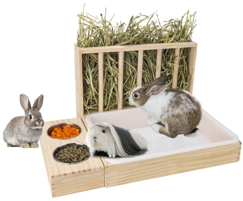BESNEW 3 in 1 Rabbit Hay Feeder with Litter Box,Wooden Hay Feeder with 2 Bowls & Litter Box for Guinea Pig Chinchilla Bunny Other Small Animals,Large Capacity & Preventing Waste