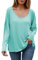 iChunhua Long Sleeve T Shirts Women V Neck Casual Ladies Oversized Tops Side Split Green Medium